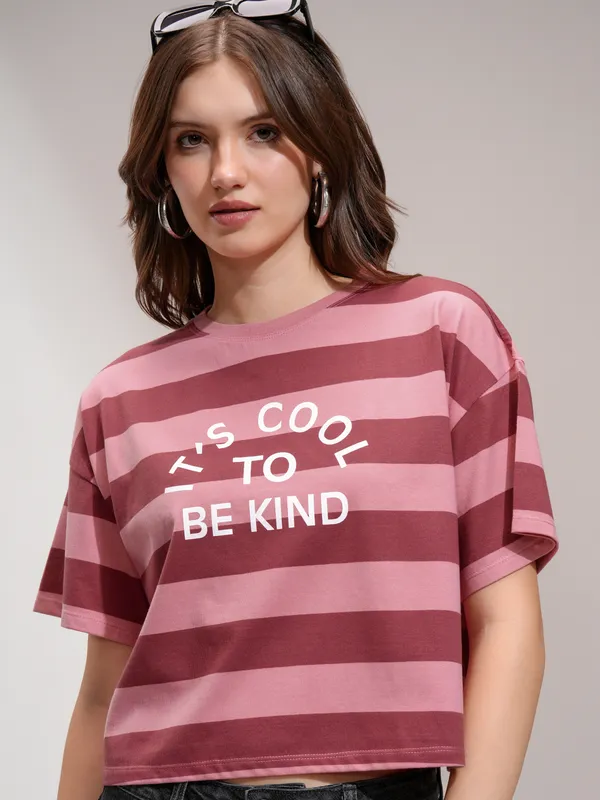 Tokyo Talkies Women Peach Striped Round Neck T-Shirt