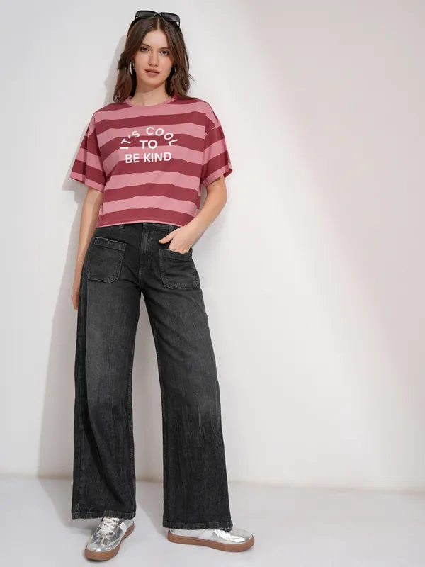 Tokyo Talkies Women Peach Striped Round Neck T-Shirt