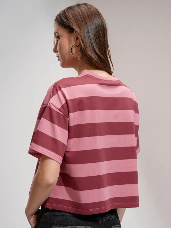 Tokyo Talkies Women Peach Striped Round Neck T-Shirt