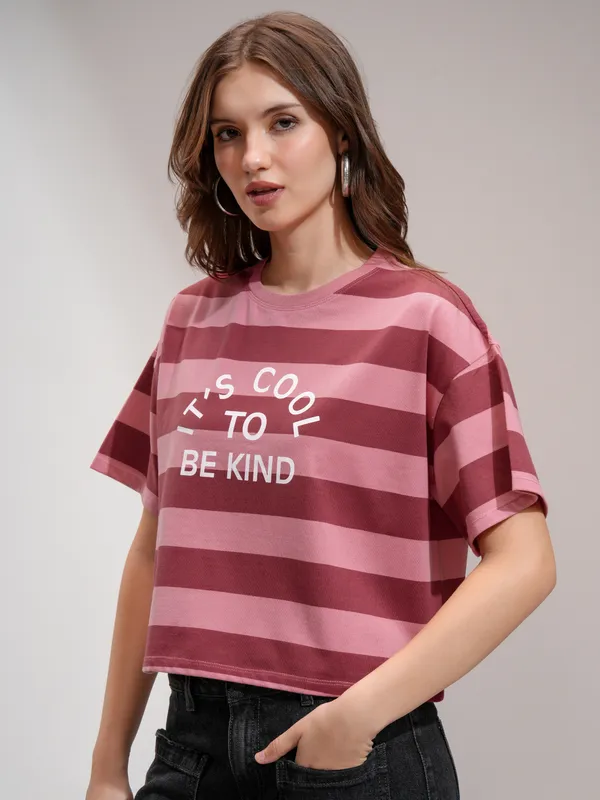 Tokyo Talkies Women Peach Striped Round Neck T-Shirt