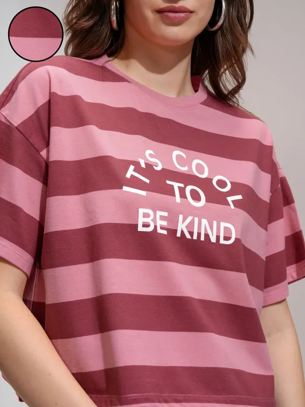 Tokyo Talkies Women Peach Striped Round Neck T-Shirt