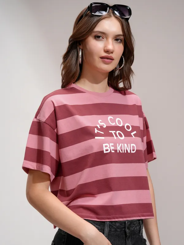 Tokyo Talkies Women Peach Striped Round Neck T-Shirt