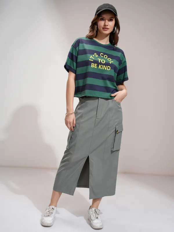 Tokyo Talkies Women Green Striped Round Neck T-Shirt