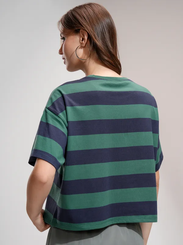 Tokyo Talkies Women Green Striped Round Neck T-Shirt