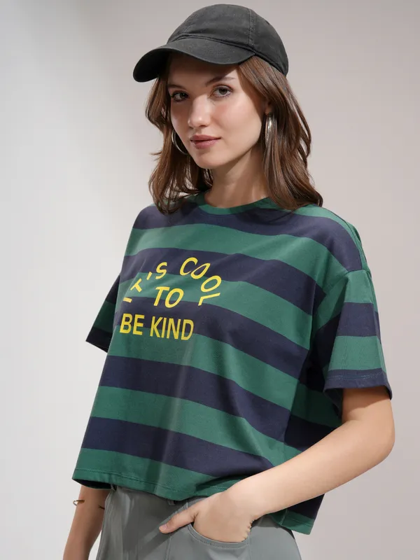 Tokyo Talkies Women Green Striped Round Neck T-Shirt