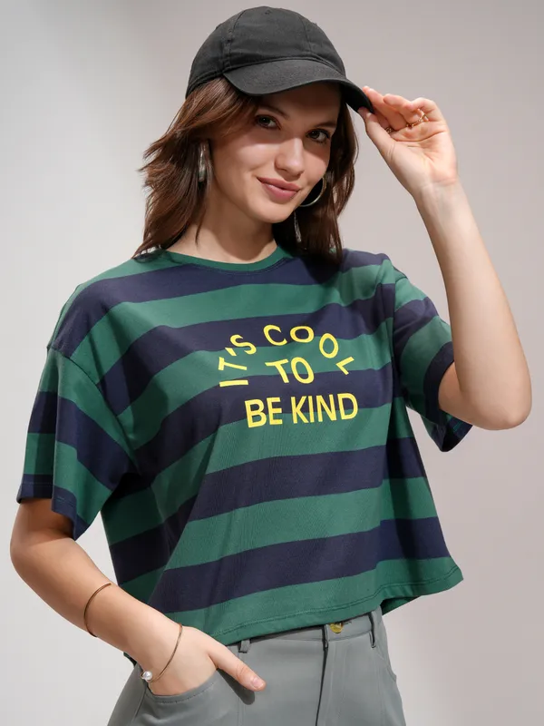 Tokyo Talkies Women Green Striped Round Neck T-Shirt