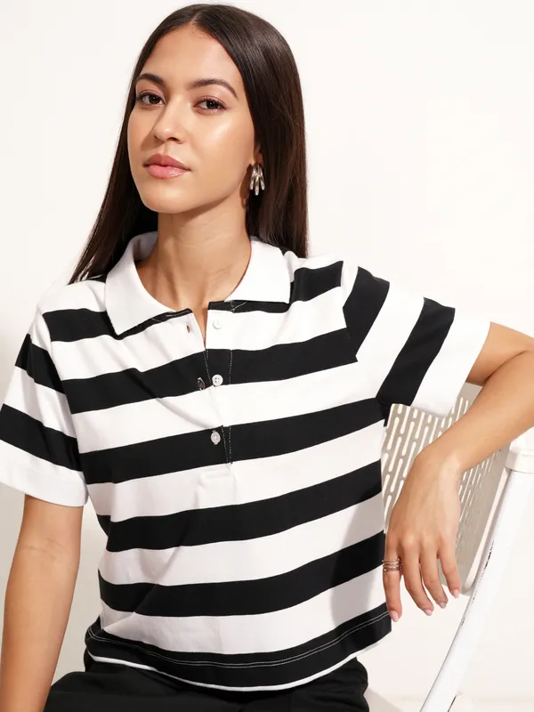 Tokyo Talkies Women Black Striped Polo Collar T-Shirt