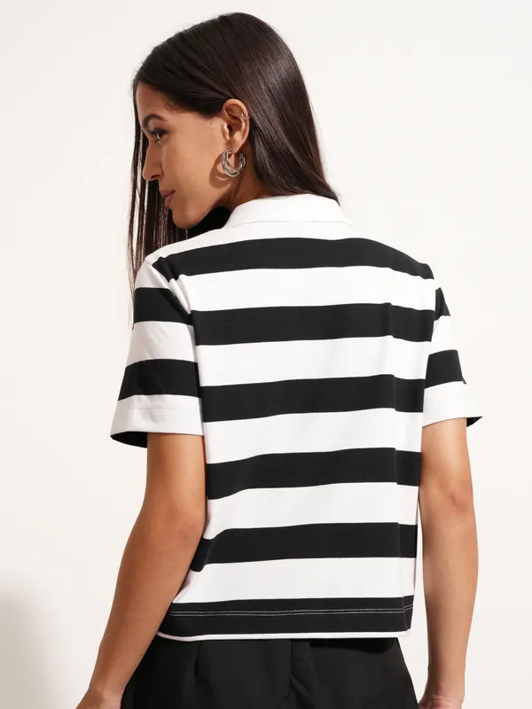 Tokyo Talkies Women Black Striped Polo Collar T-Shirt