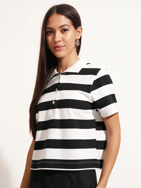 Tokyo Talkies Women Black Striped Polo Collar T-Shirt