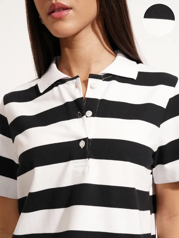Tokyo Talkies Women Black Striped Polo Collar T-Shirt