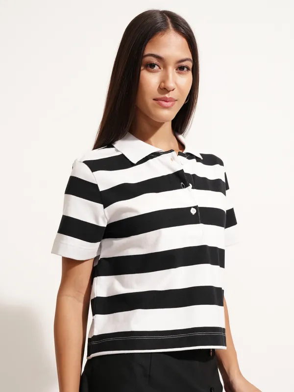 Tokyo Talkies Women Black Striped Polo Collar T-Shirt
