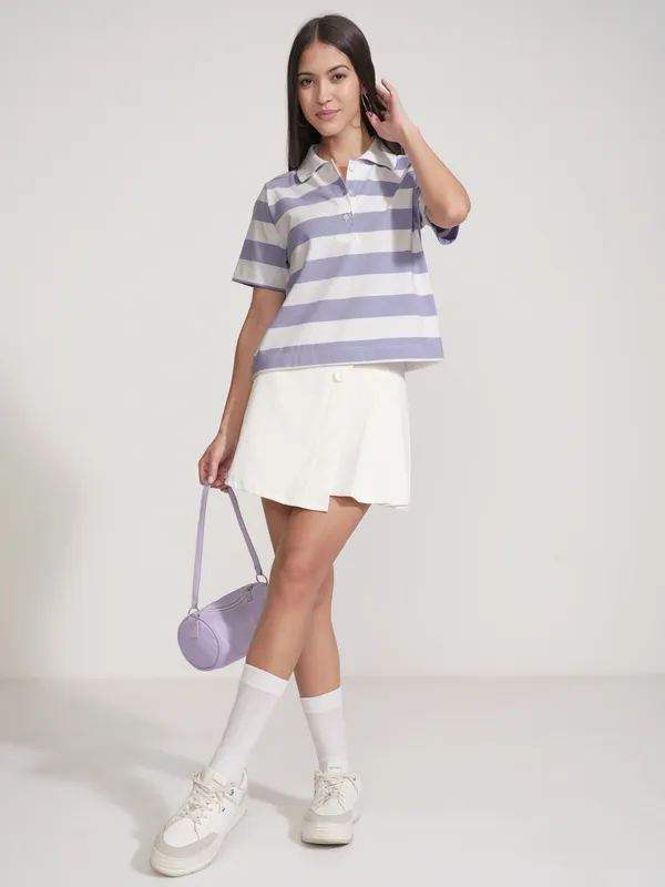 Tokyo Talkies Women Purple Striped Polo Collar T-Shirt