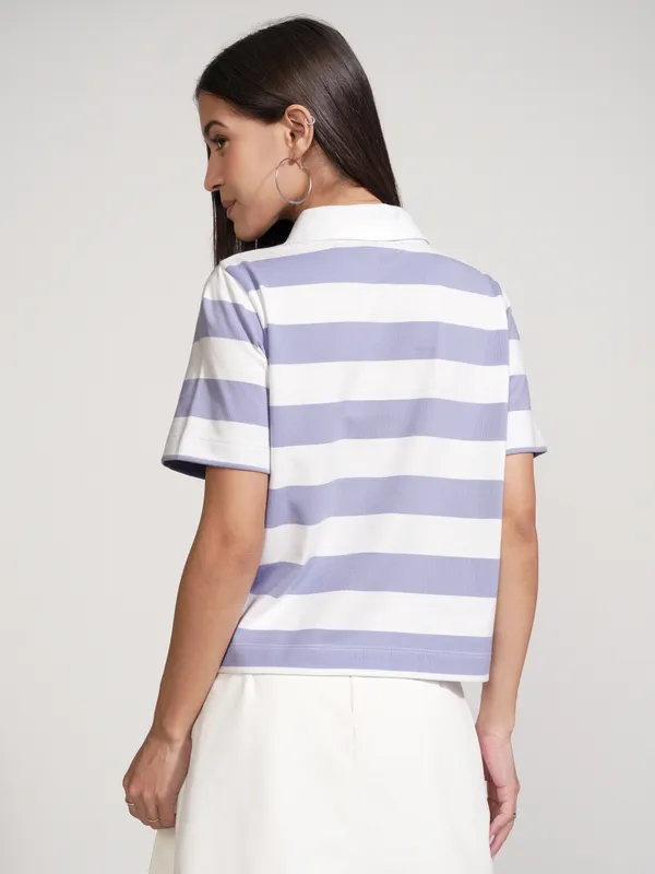 Tokyo Talkies Women Purple Striped Polo Collar T-Shirt
