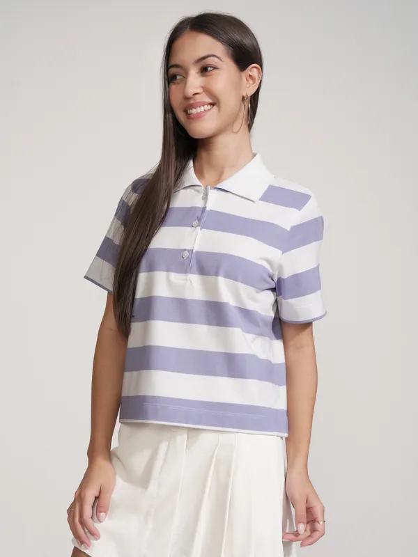 Tokyo Talkies Women Purple Striped Polo Collar T-Shirt