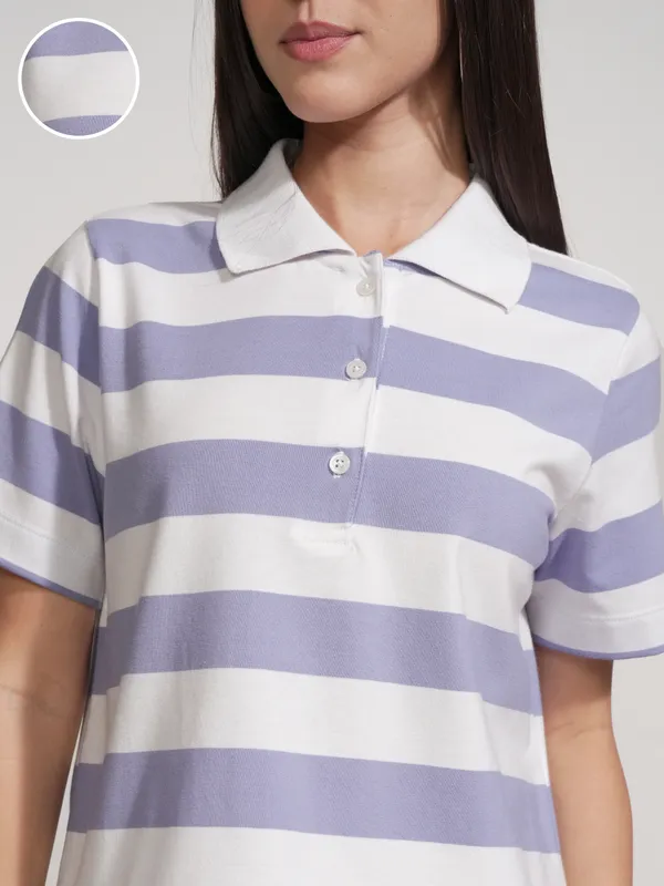 Tokyo Talkies Women Purple Striped Polo Collar T-Shirt