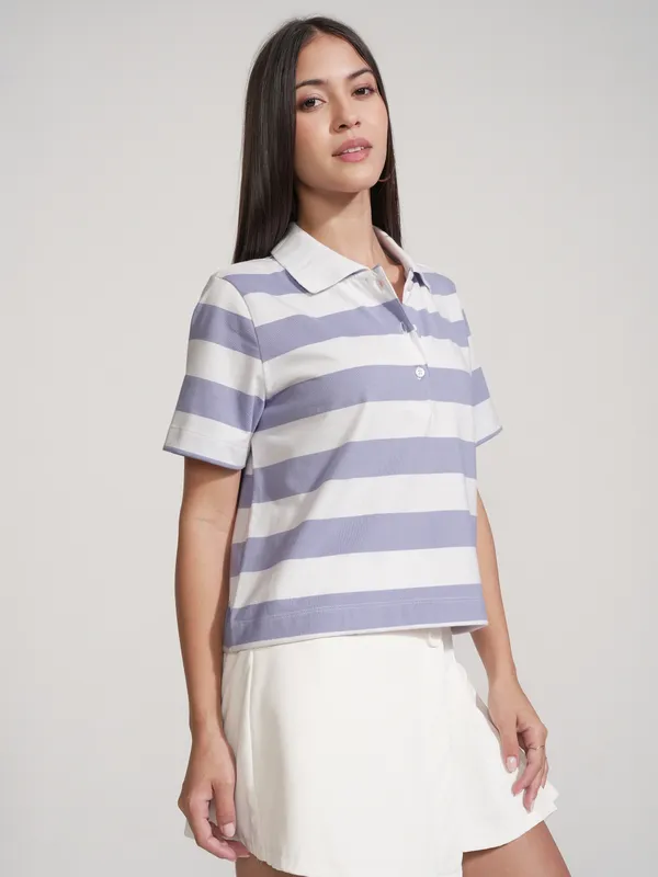 Tokyo Talkies Women Purple Striped Polo Collar T-Shirt