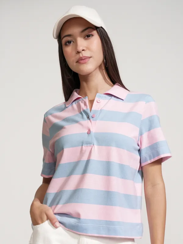 Tokyo Talkies Women Pink Striped Polo Collar T-Shirt
