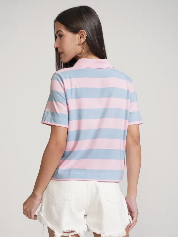 Tokyo Talkies Women Pink Striped Polo Collar T-Shirt