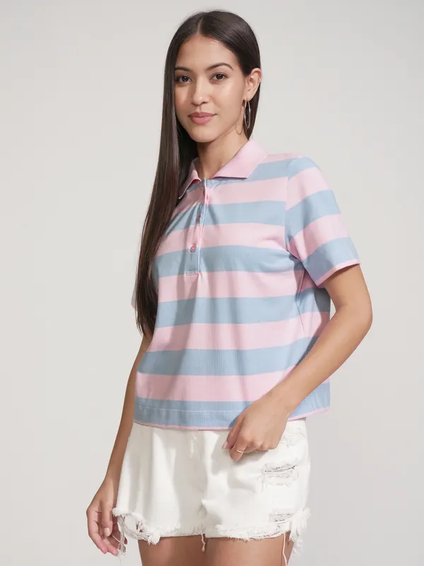 Tokyo Talkies Women Pink Striped Polo Collar T-Shirt