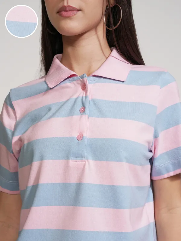 Tokyo Talkies Women Pink Striped Polo Collar T-Shirt