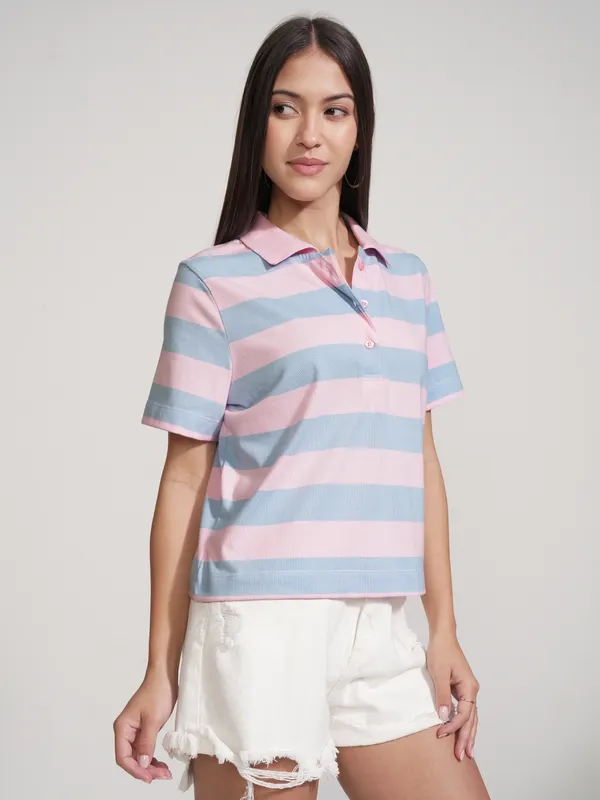 Tokyo Talkies Women Pink Striped Polo Collar T-Shirt