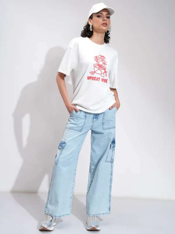 Tokyo Talkies Women Off White Embroidered Round Neck Oversized Fit T-Shirt