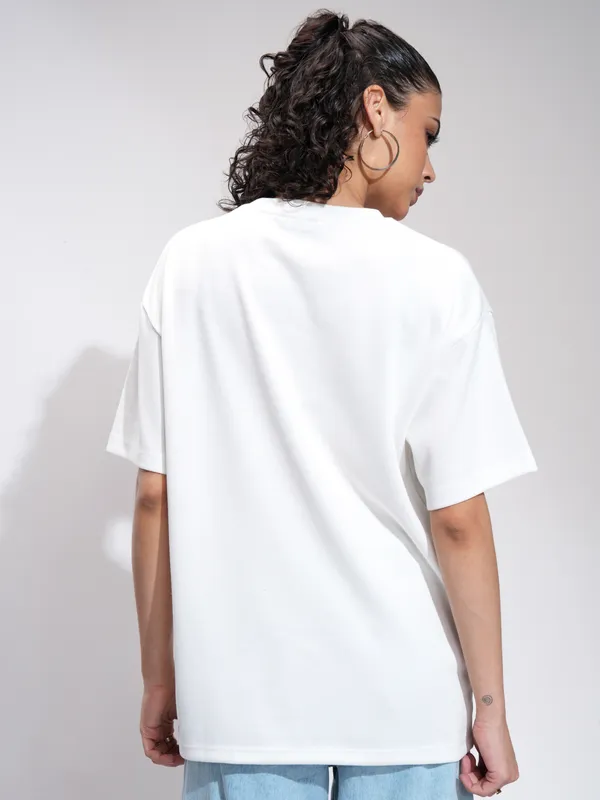 Tokyo Talkies Women Off White Embroidered Round Neck Oversized Fit T-Shirt