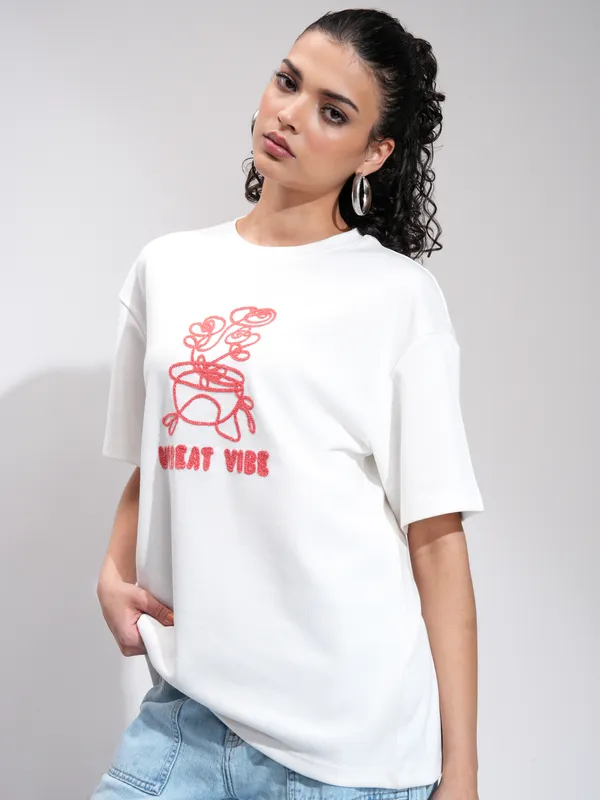 Tokyo Talkies Women Off White Embroidered Round Neck Oversized Fit T-Shirt