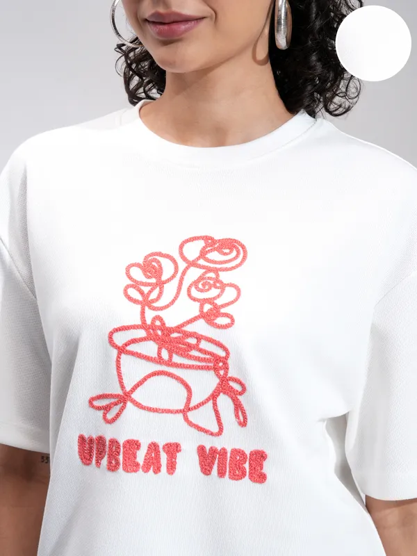 Tokyo Talkies Women Off White Embroidered Round Neck Oversized Fit T-Shirt