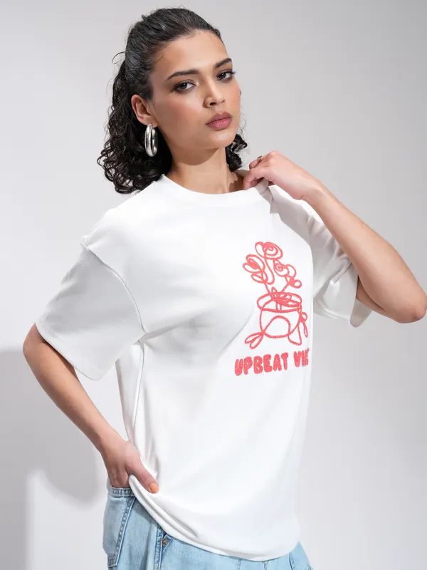 Tokyo Talkies Women Off White Embroidered Round Neck Oversized Fit T-Shirt