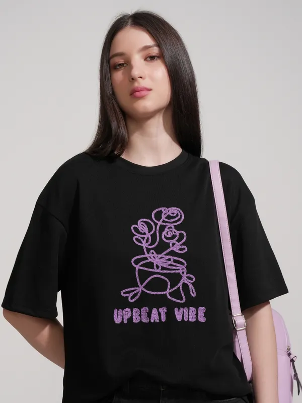 Tokyo Talkies Women Black Embroidered Round Neck Oversized Fit T-Shirt