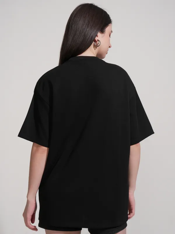 Tokyo Talkies Women Black Embroidered Round Neck Oversized Fit T-Shirt