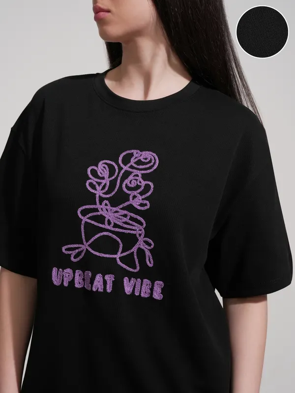 Tokyo Talkies Women Black Embroidered Round Neck Oversized Fit T-Shirt