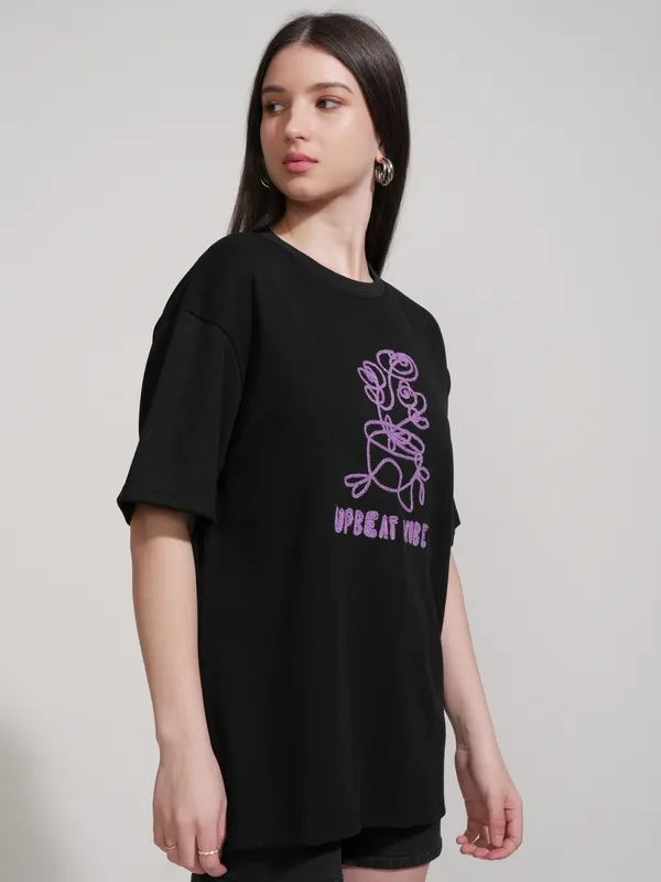 Tokyo Talkies Women Black Embroidered Round Neck Oversized Fit T-Shirt
