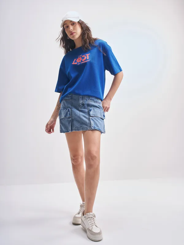 Tokyo Talkies Women Blue Embroidered Round Neck Oversized Fit T-Shirt