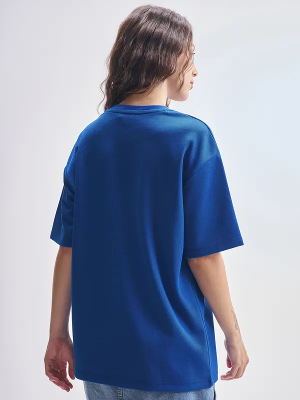 Tokyo Talkies Women Blue Embroidered Round Neck Oversized Fit T-Shirt