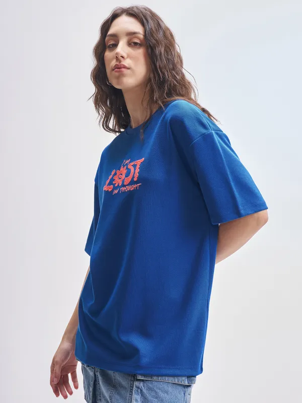 Tokyo Talkies Women Blue Embroidered Round Neck Oversized Fit T-Shirt