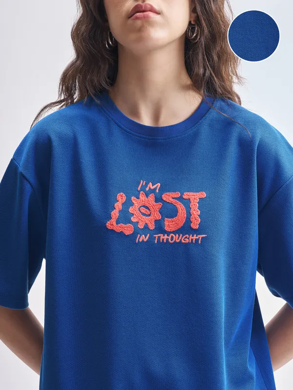 Tokyo Talkies Women Blue Embroidered Round Neck Oversized Fit T-Shirt