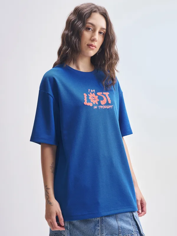 Tokyo Talkies Women Blue Embroidered Round Neck Oversized Fit T-Shirt