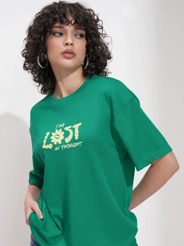Tokyo Talkies Women Green Applique Round Neck Oversized Fit T-Shirt