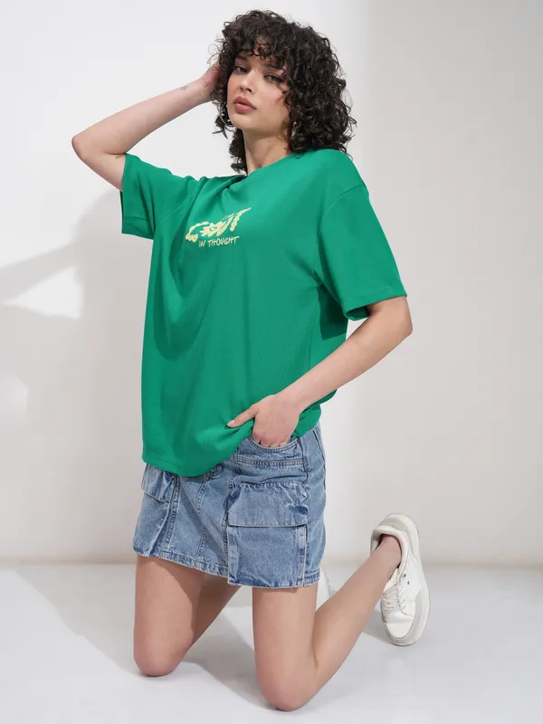 Tokyo Talkies Women Green Applique Round Neck Oversized Fit T-Shirt