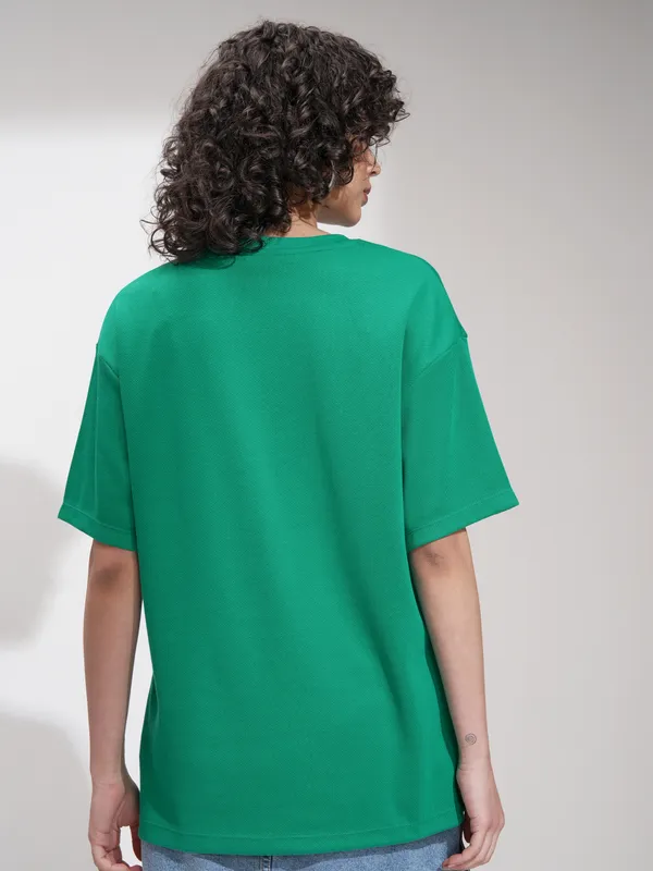 Tokyo Talkies Women Green Applique Round Neck Oversized Fit T-Shirt