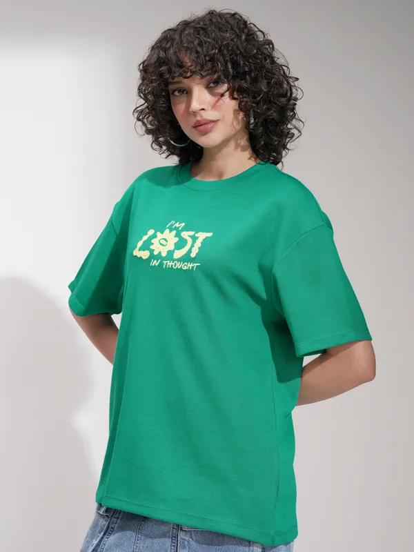 Tokyo Talkies Women Green Applique Round Neck Oversized Fit T-Shirt