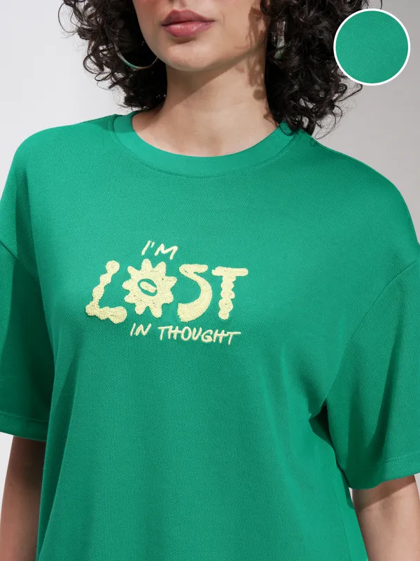 Tokyo Talkies Women Green Applique Round Neck Oversized Fit T-Shirt