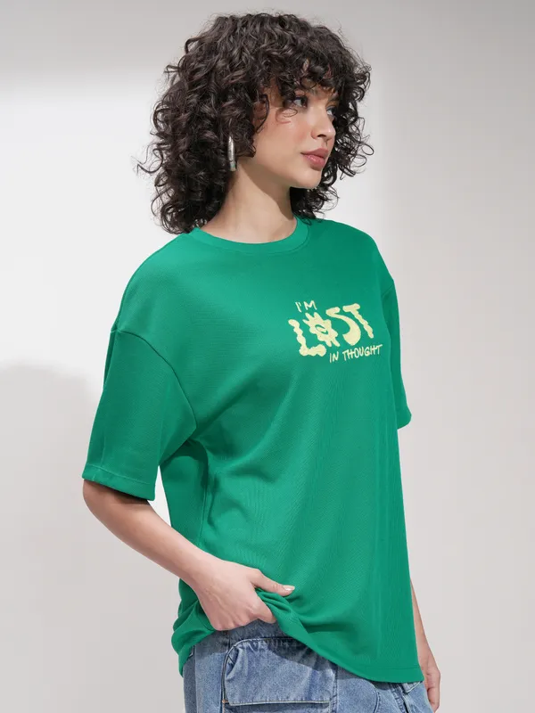 Tokyo Talkies Women Green Applique Round Neck Oversized Fit T-Shirt