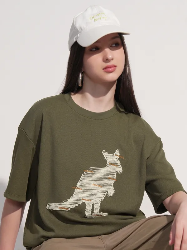 Tokyo Talkies Women Olive Applique Round Neck Oversized Fit T-Shirt