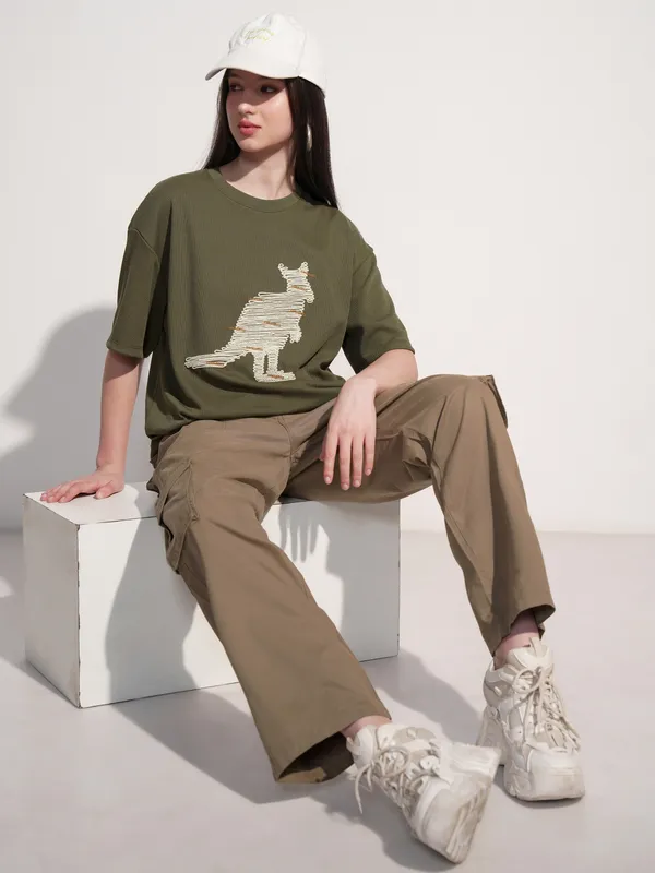 Tokyo Talkies Women Olive Applique Round Neck Oversized Fit T-Shirt
