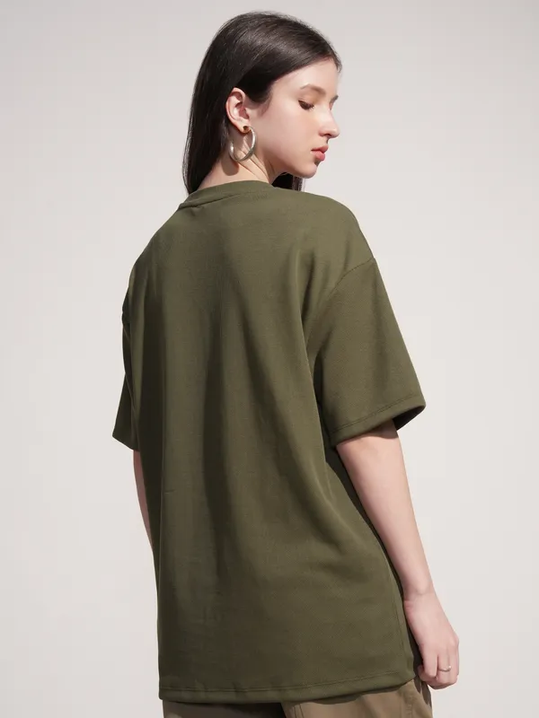 Tokyo Talkies Women Olive Applique Round Neck Oversized Fit T-Shirt