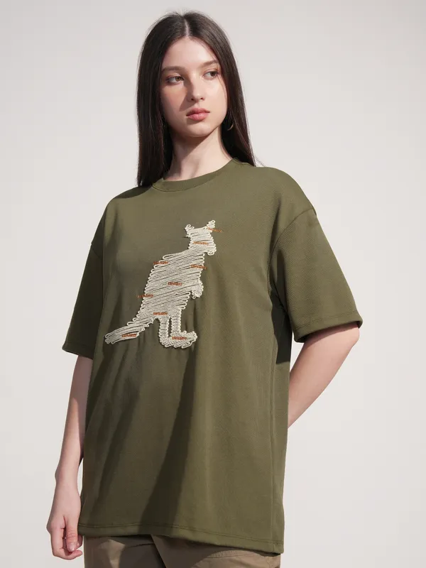 Tokyo Talkies Women Olive Applique Round Neck Oversized Fit T-Shirt