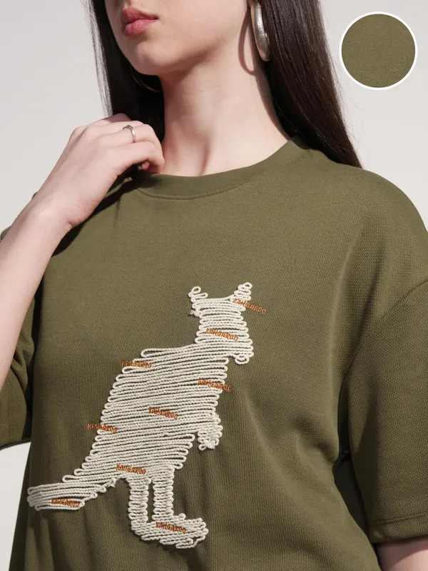 Tokyo Talkies Women Olive Applique Round Neck Oversized Fit T-Shirt